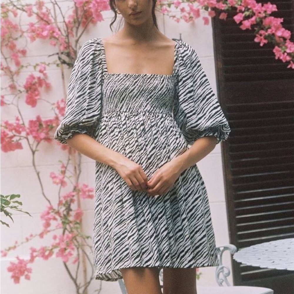 Faithfull The Brand Alina Smocked Puff Sleeve Animal Print Zebra Dress
